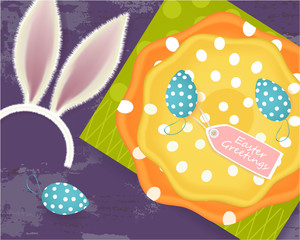 Easter banner with Easter eggs, colored plates, tag, ears of a rabbit, napkin on a grunge background