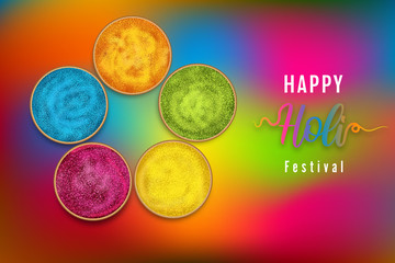Holi background flat lay. Colorful holi powder and decorative flags on colorful background.