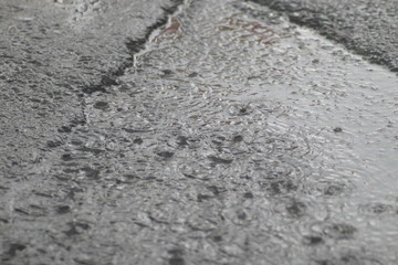 夕立の大雨が降る道路