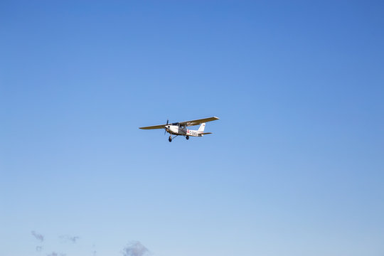 Pitt Meadows, Greater Vancouver, British Columbia, Canada - Feb 18, 2020: Small Airplane on the final approach and landing on the airport.