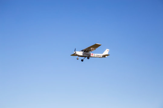 Pitt Meadows, Greater Vancouver, British Columbia, Canada - Feb 18, 2020: Small Airplane on the final approach and landing on the airport.