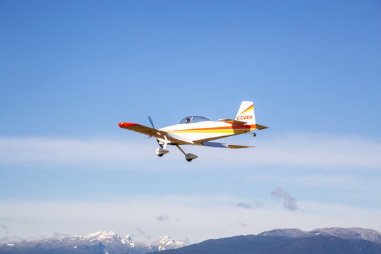 Pitt Meadows, Greater Vancouver, British Columbia, Canada - Feb 18, 2020: Small Airplane on the final approach and landing on the airport.