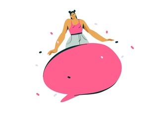 Hand drawn vector abstract cartoon modern graphic influencer girl character illustration art with copy space speech bubble isolated on color background