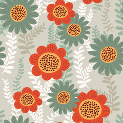 Cute floral seamless pattern. Vector background with flowers and leaves.