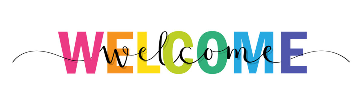 WELCOME vector rainbow-colored mixed typography banner with interwoven  brush calligraphy Stock Vector | Adobe Stock
