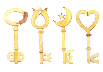 Set of watercolor gold fantasy keys isolated on a white background. Hand drawing.