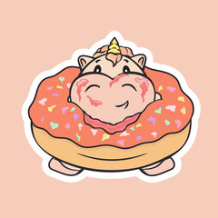 Unicorn sweet tooth sitting inside donut. Unicorn poked head in donut and eating it. Happy animal in cartoon style. Fenesian character vector illustration for children's design prints, posters, cards