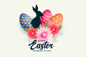 happy easter day card with flower rabbit and eggs
