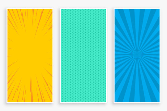 three color comic style vertical banners set design