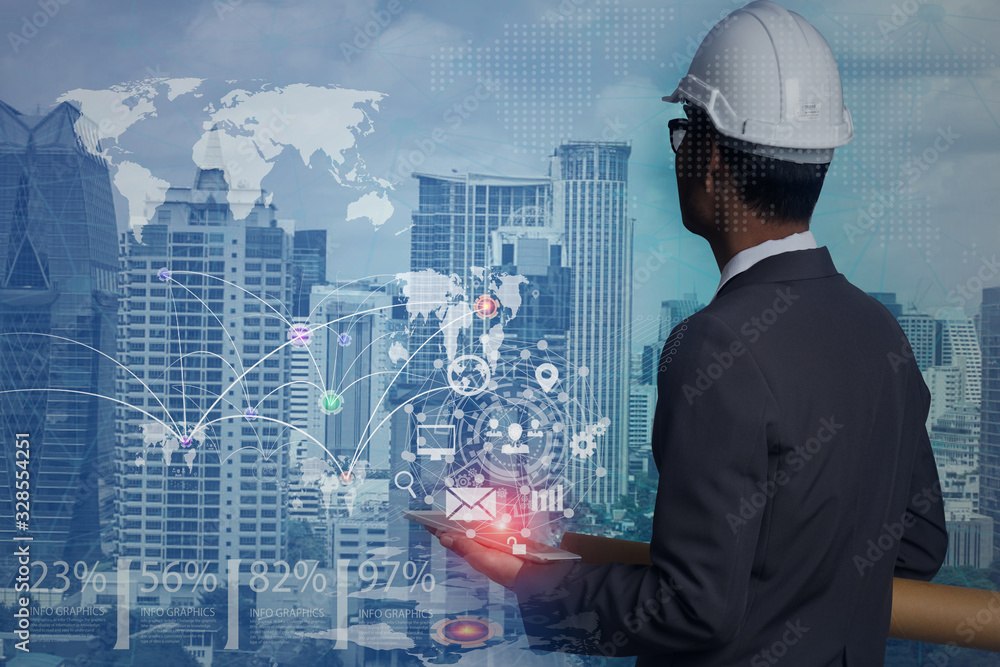 Poster double exposure engineering using digital technology interfaces icon with construction cranes no cit