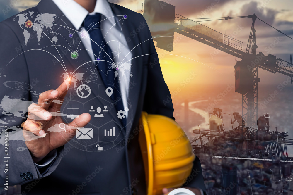 Aufkleber double exposure engineering using digital technology interfaces icon with construction cranes no cit