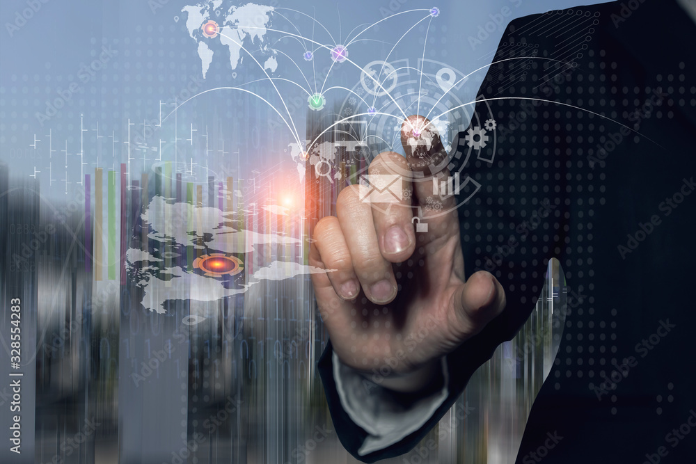 Poster double exposure business hand using digital technology interfaces icon with construction cranes no c