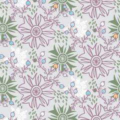 Cute floral seamless pattern. Vector background with flowers and leaves.