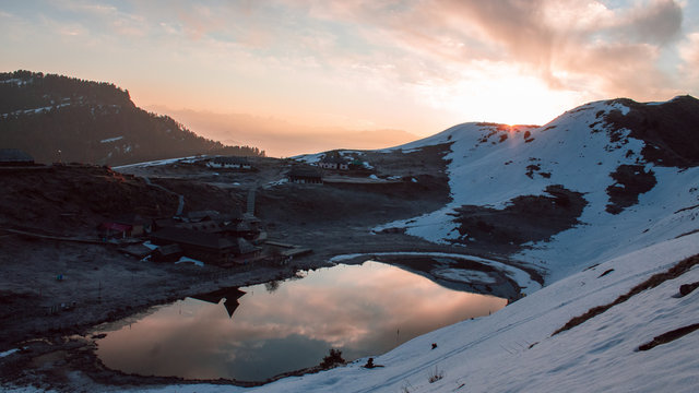 The Prashar Lake located near Mandi, Himachal Pradesh during sunrise.