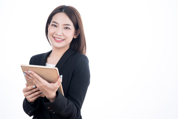 Fototapeta premium Beautiful Asian businesswoman in a black suit, isolated on a white background.