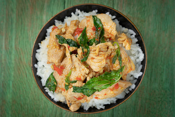 Thai spicy food basil chicken fried rice recipe Krapao Gai