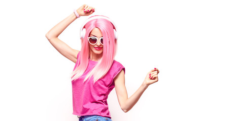 DJ Girl hipster, pink fashion hair dance enjoy listening music. Party fashionable swag cool style. Music vibrations, clubbing. Happy party pink DJ dancing on white. Leisure music lover concept