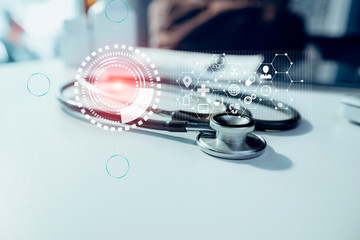 Novel Coronavirus, China map, arrows, Doctor using hologram modern virtual screen interface, Medicine and healthcare concept.