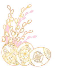 Corner bunch of outline Willow twig and ethnic Ukrainian Easter egg Pysanka in pink and gold isolated on white background.  - obrazy, fototapety, plakaty