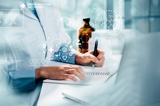 Medical technology and concept, Digital healthcare and network connection on hologram modern virtual screen interface. 	