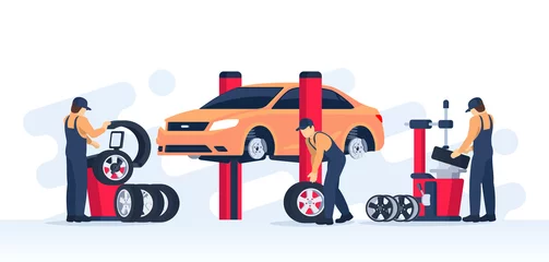 Fotobehang Tire service concept. Car mechanic check the condition of the wheels and repair them. Garage with the car on the lift. Vector illustration in flat / cartoon style. © Belozersky