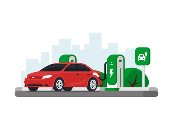 Electric car parking. Charging station concept. Vector illustration in flat style.