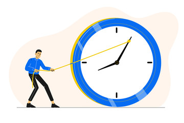 Deadline or time management concept. Sad or stressed man or employee or office worker pushing minute hand of broken clock towards anti clockwise. Running out of time. Vector character illustration