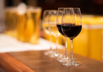 cold beer glass on bar counter with free space