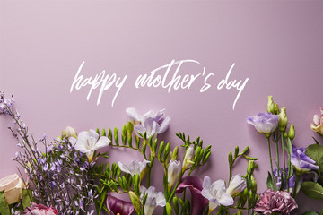 top view of beautiful flowers on violet background, happy mothers day illustration