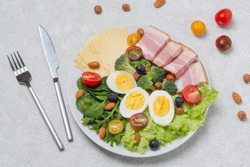 Plate with keto diet food. Keto breakfast: eggs, cheese, brisket, lettuce, broccoli, spinach, arugula, almonds, hazelnuts, blueberries and tomatoes.