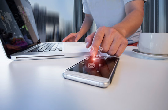 Business hands using tablet. Technology and network concept. Double exposure