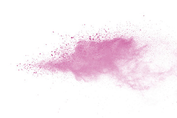 Pink powder explosion on white background. Paint Holi.
