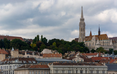 St. Matthias Church in Budapest, Hungary. Cloudy sky.