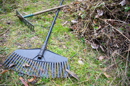 Garden rakes and a pile of dry leaves and grass on ground. Spring cleaning before lawn mowing season