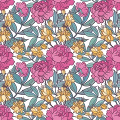 Fotobehang Realistic floral seamless pattern. Vector background with flowers and leaves. © sntpzh