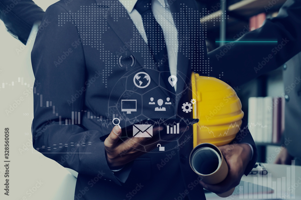 Poster double exposure engineering using digital technology interfaces icon with construction cranes no cit