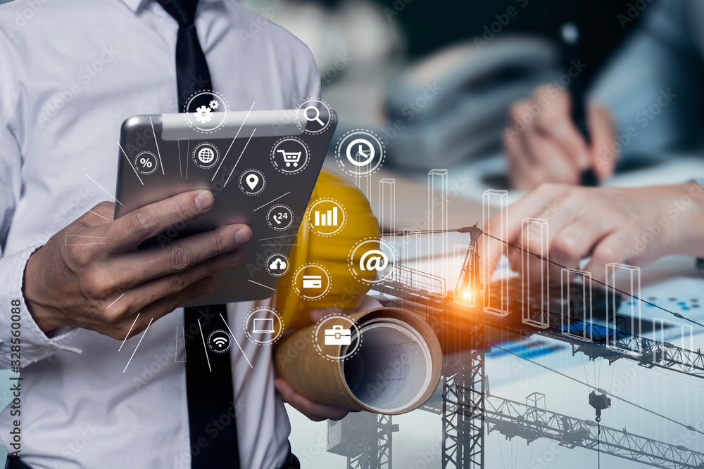 Poster double exposure engineering using digital technology interfaces icon with construction cranes no cit