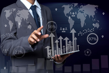 Double exposure. Investor analyzing stock market report and financial dashboard with business intelligence