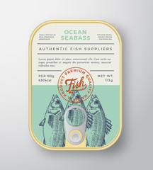 Canned Ocean Fish Abstract Vector Aluminium Container Packaging Design or Label. Modern Typography Banner, Hand Drawn Seabass Silhouette with Lettering Logo. Color Paper Background Layout.