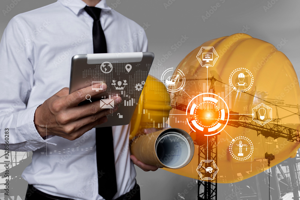 Poster double exposure engineering using digital technology interfaces icon with construction cranes no cit