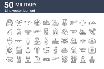 set of 50 military icons. outline thin line icons such as jet, canon, crosshair, soldier, bomb, nuclear, battleship