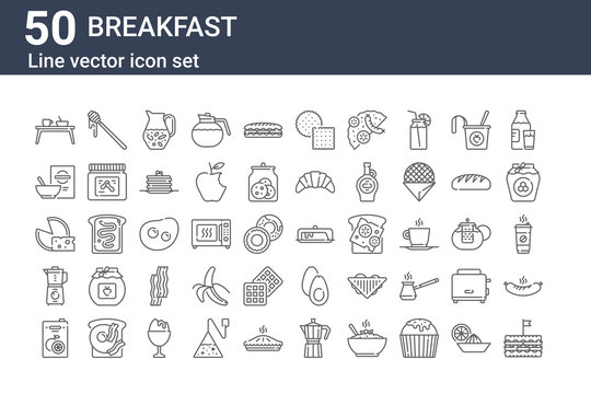 set of 50 breakfast icons. outline thin line icons such as sandwich, juice, blender, cheese, cereal, honey, butter