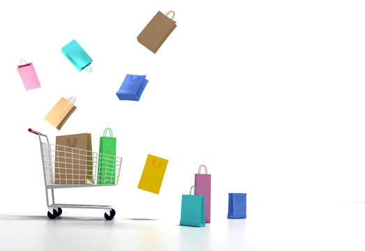 3d image supermarket basket with different packages on a light background. Sales and black friday. 3D rendering