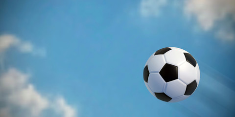 Fototapeta na wymiar 3d image Soccer ball in the blue sky with white clouds. Football championship. 3D rendering