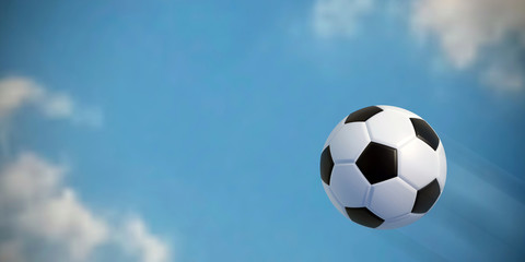 3d image Soccer ball in the blue sky with white clouds. Football championship. 3D rendering
