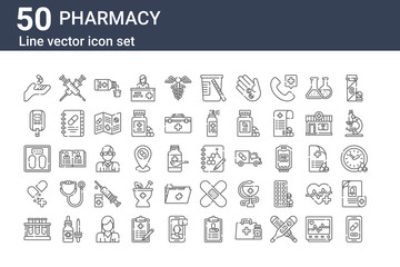 set of 50 pharmacy icons. outline thin line icons such as apps, chemical, drugs, weight, glucometer, syringe, formula - obrazy, fototapety, plakaty