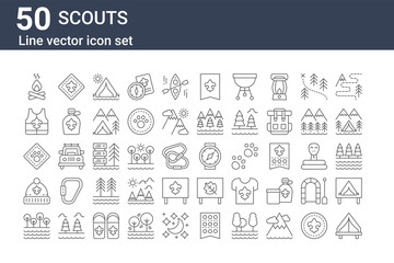 set of 50 scouts icons. outline thin line icons such as tent, shore, beanie, animal, life vest, fleur de lis, wristwatch - obrazy, fototapety, plakaty