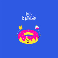 Donut birthday card. Cute, funny donut. Vector graphics. - 328563024