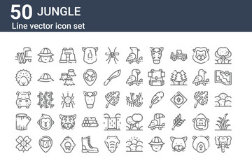 set of 50 jungle icons. outline thin line icons such as elephant, flower, trunk, hippopotamus, hedgehog, hunter, vines