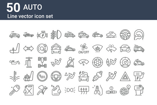 set of 50 auto icons. outline thin line icons such as gas pump, car key, water level, oil, chair, sport car, windshield